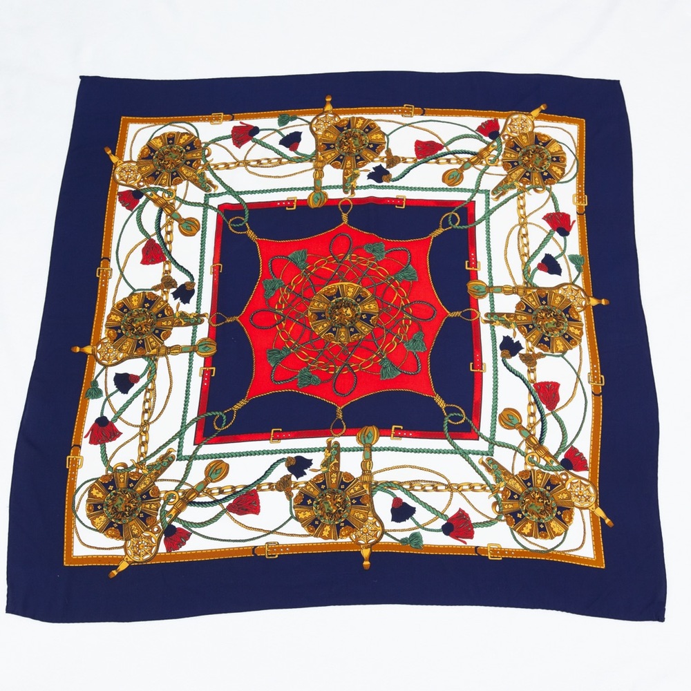 Reine Seide Women's 100% Silk Navy, Red, Gold, White Printed Head / Neck Scarf